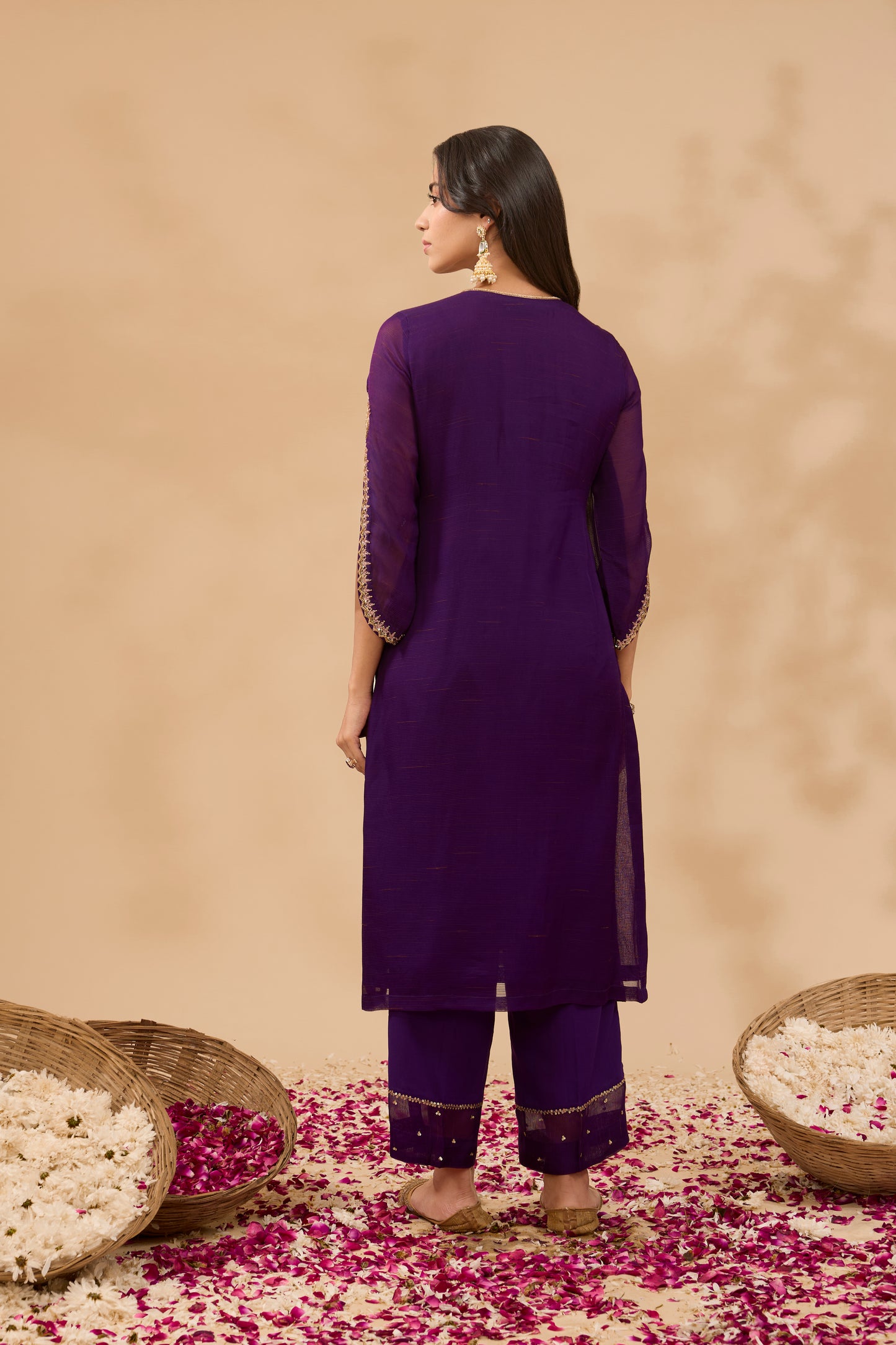 FARAH HAND EMBROIDERED PLUM CHANDERI STRAIGHT KURTA SET (SET OF 3)