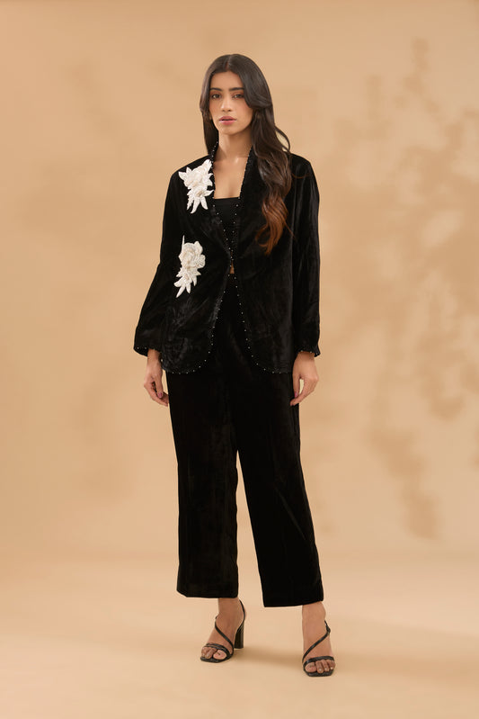 FARAH HAND EMBROIDERED FLORAL BLAZER AND PANTS SET (SET OF 2)