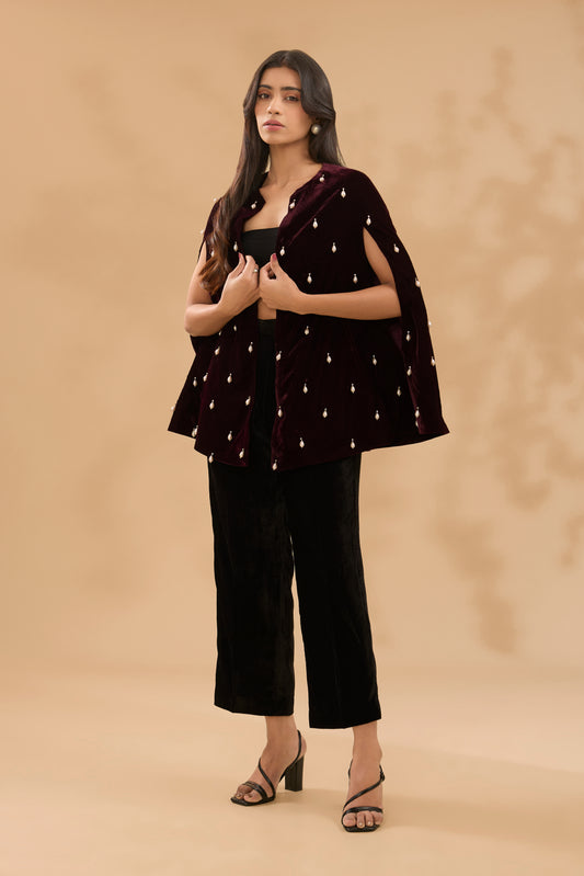 FARAH HAND EMBROIDERED MAROON VELVET CAPE AND PANT SET