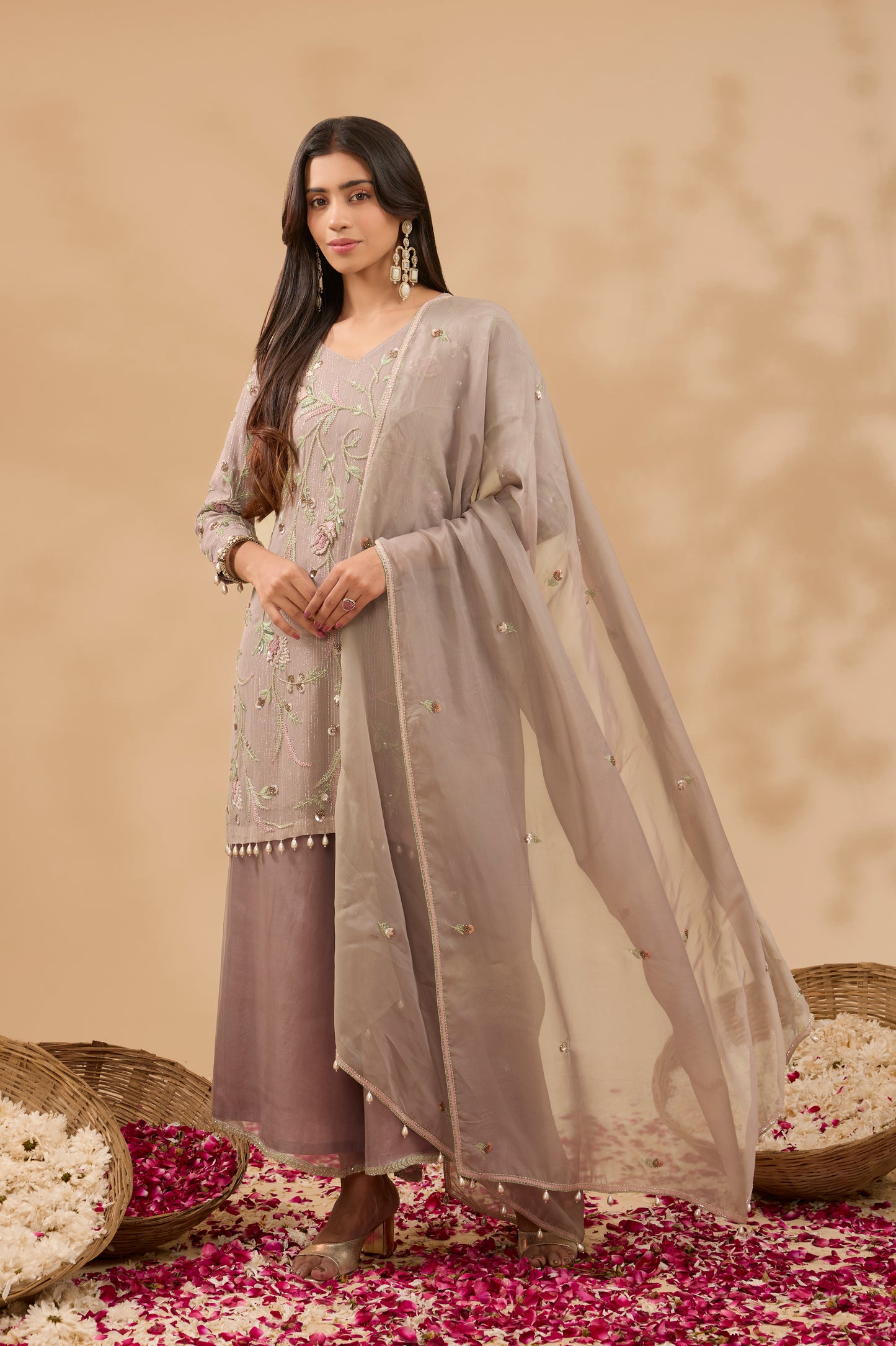 FARAH HAND EMBROIDERED LIGHT LAVENDER LUREX GEORGETTE KURTA AND SHARARA SET (SET OF 3)