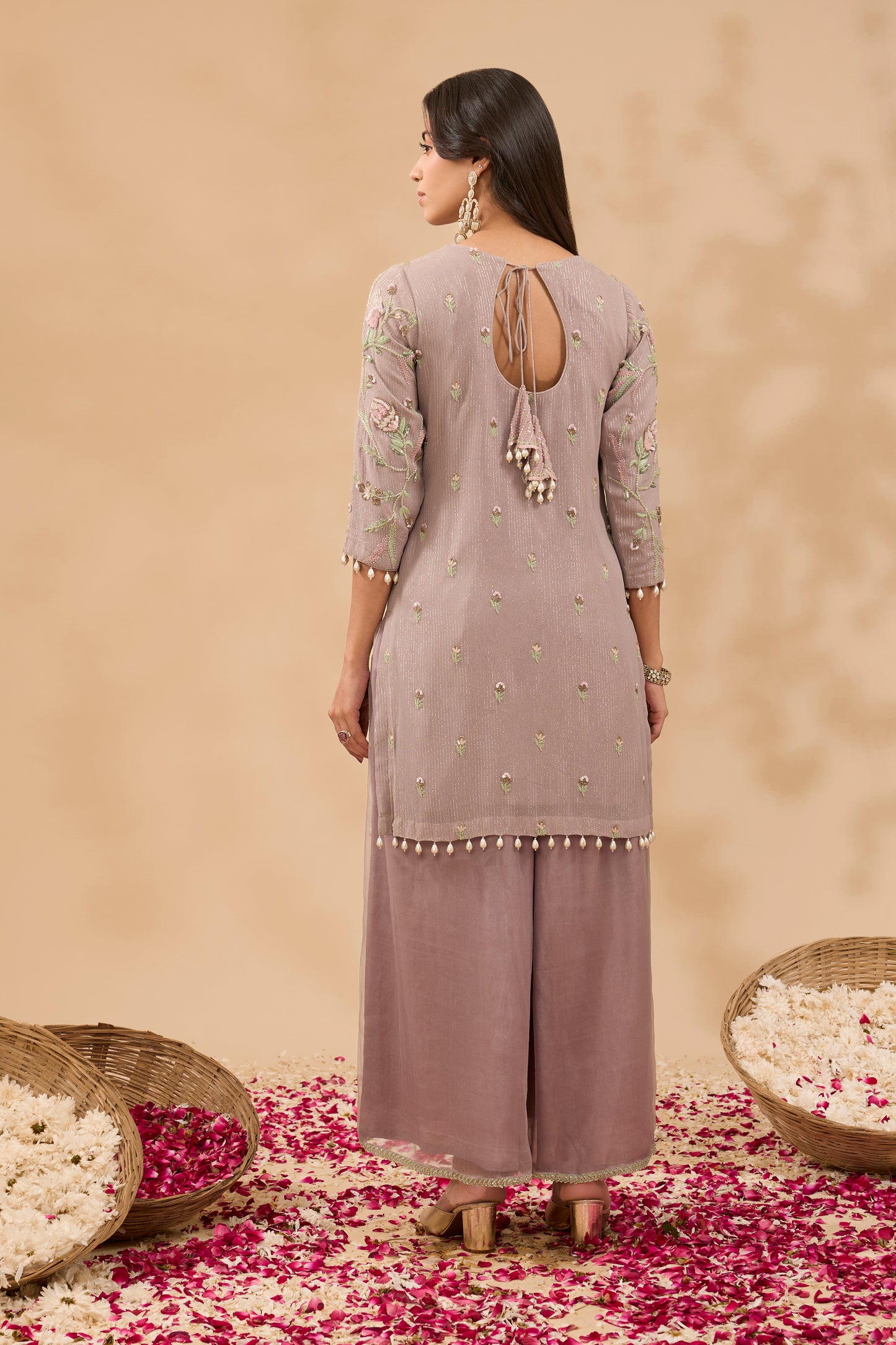 FARAH HAND EMBROIDERED LIGHT LAVENDER LUREX GEORGETTE KURTA AND SHARARA SET (SET OF 3)