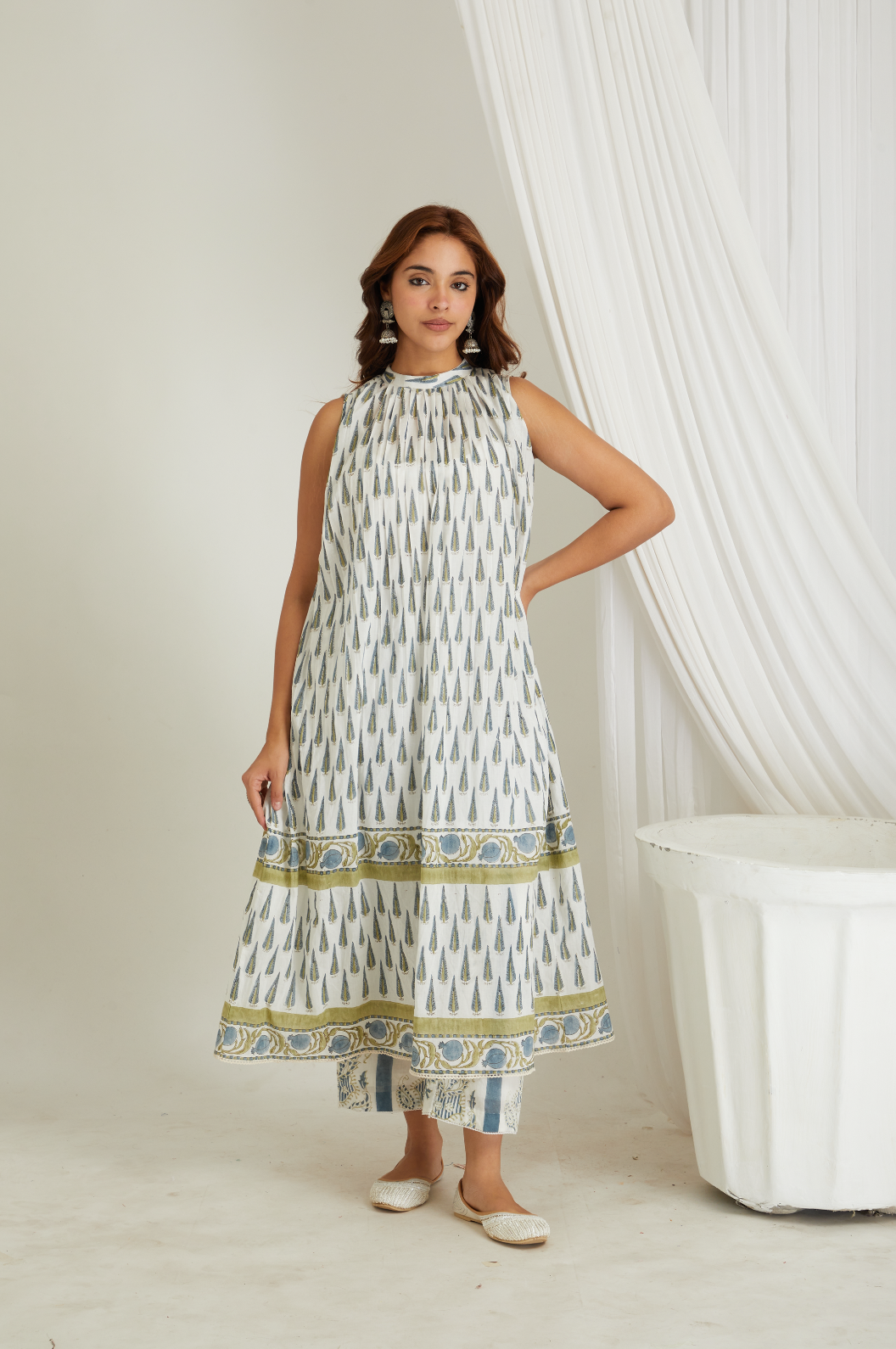 RAYA HAND BLOCK PRINTED ANAR PLEATED KURTA