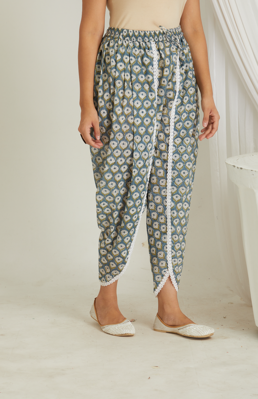 RAYA HAND BLOCK PRINTED BLUE BUTAH TULIP PANTS