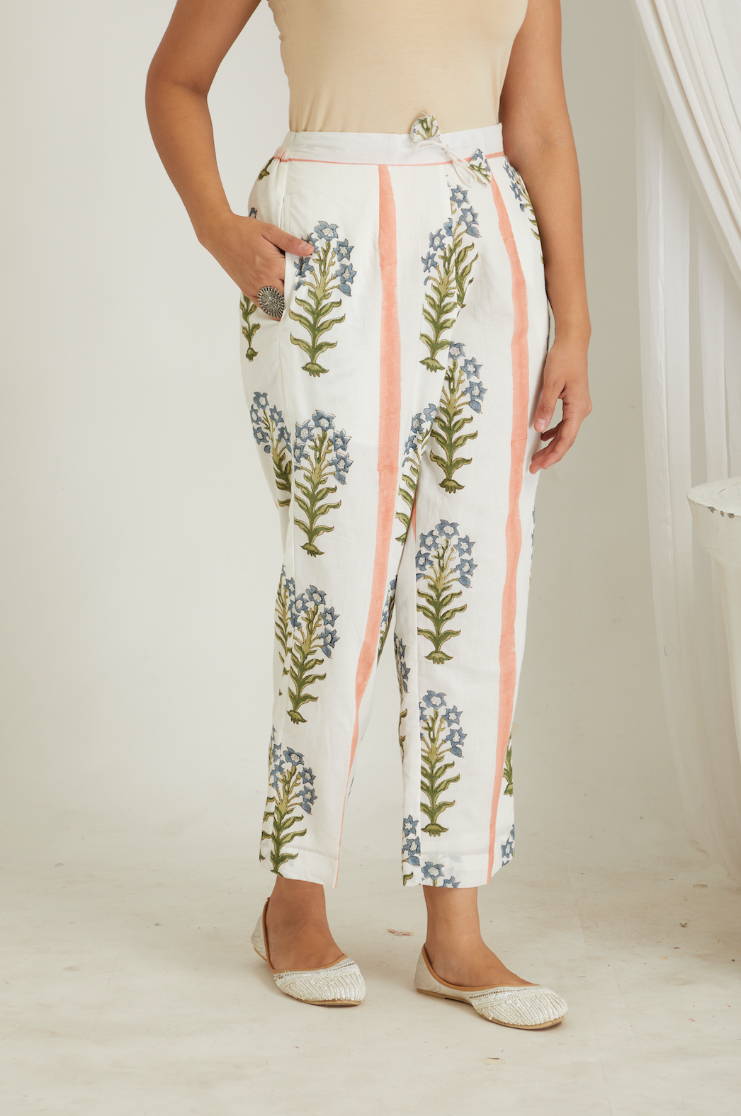 RAYA HAND BLOCK PRINTED PEACH STRIPED BUTAH PANTS