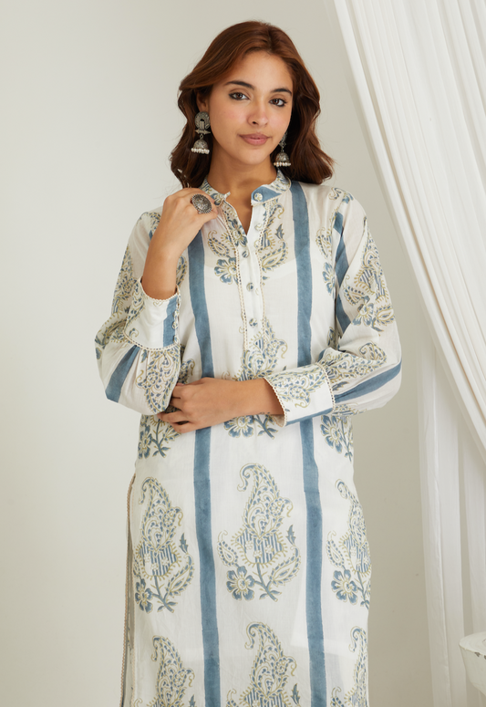 RAYA HAND BLOCK PRINTED BLUE STRIPED BUTAH KURTA