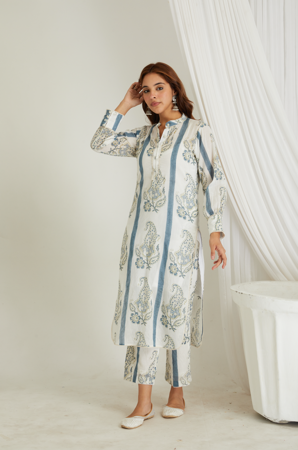 RAYA HAND BLOCK PRINTED BLUE STRIPED BUTAH KURTA