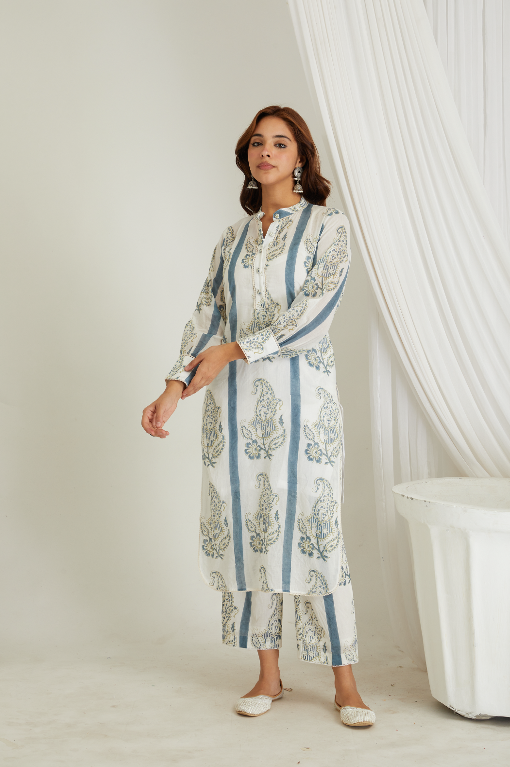 RAYA HAND BLOCK PRINTED BLUE STRIPED BUTAH KURTA