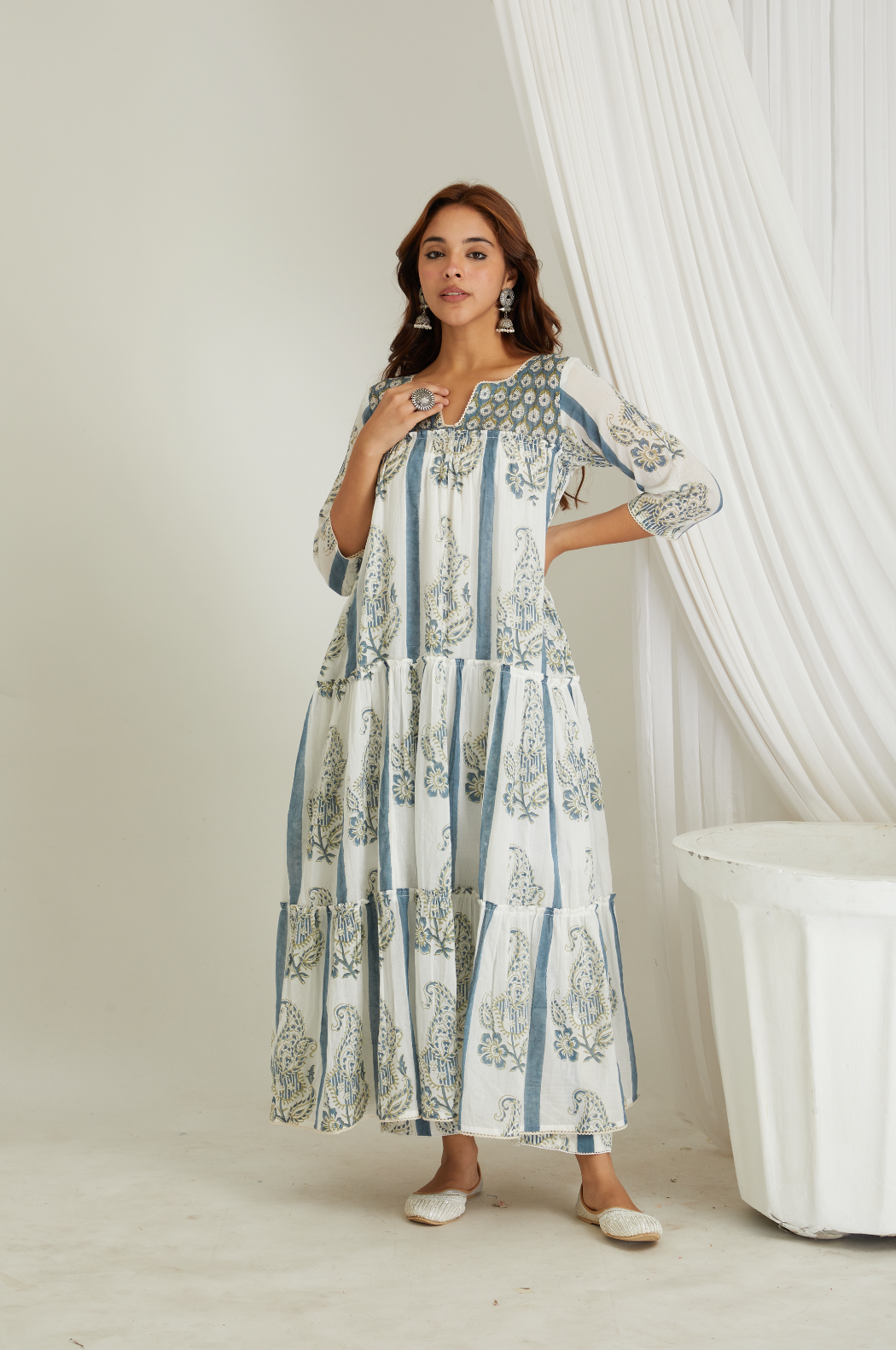 RAYA STRIPED BLUE BUTAH TIERED KURTA