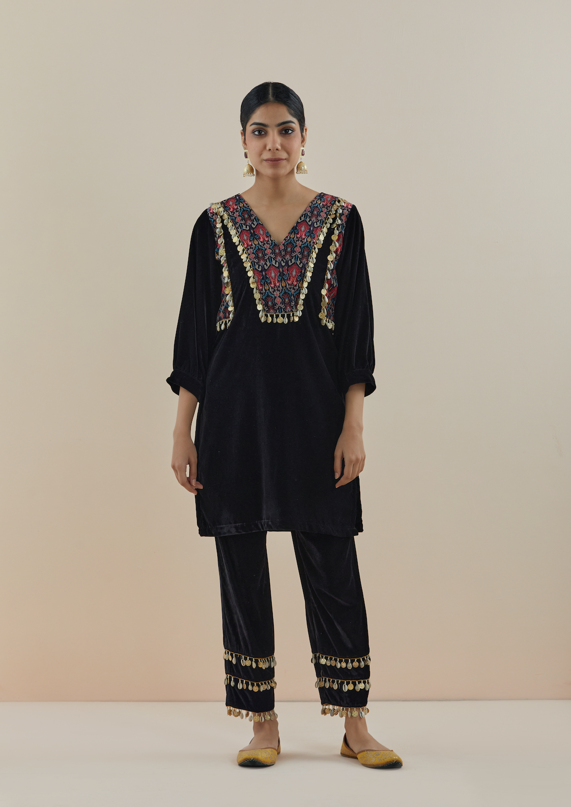 Black Aztec Printed Velvet Kurta (Set of 2)