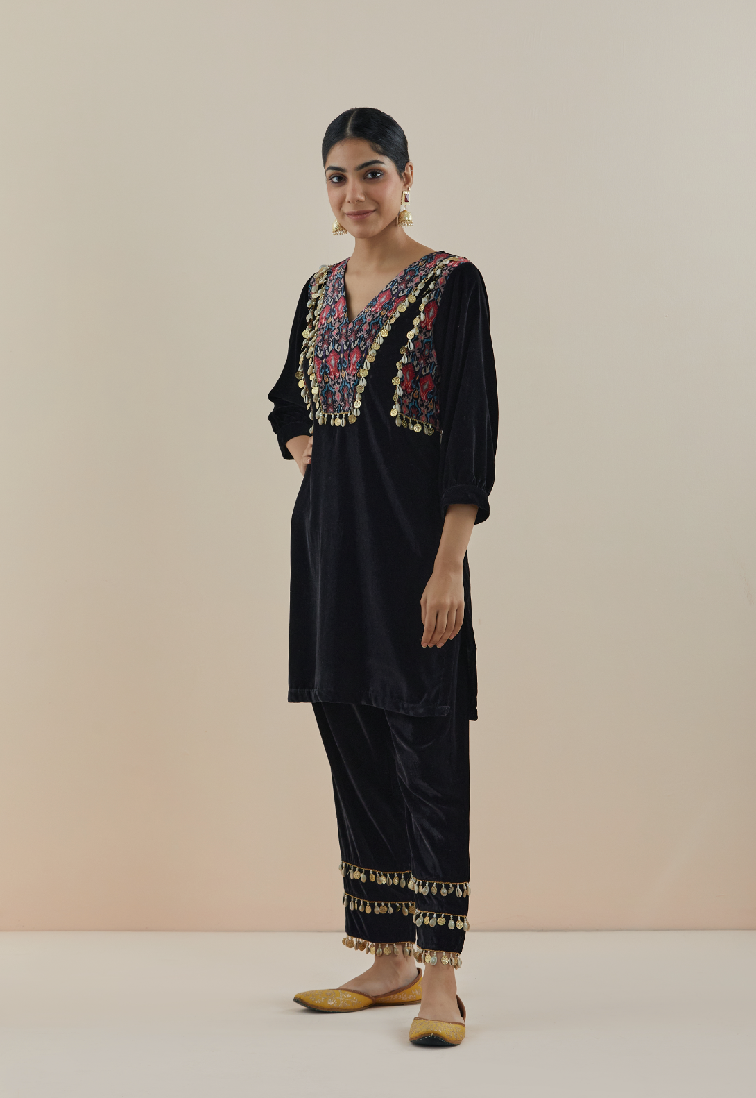 Black Aztec Printed Velvet Kurta (Set of 2)