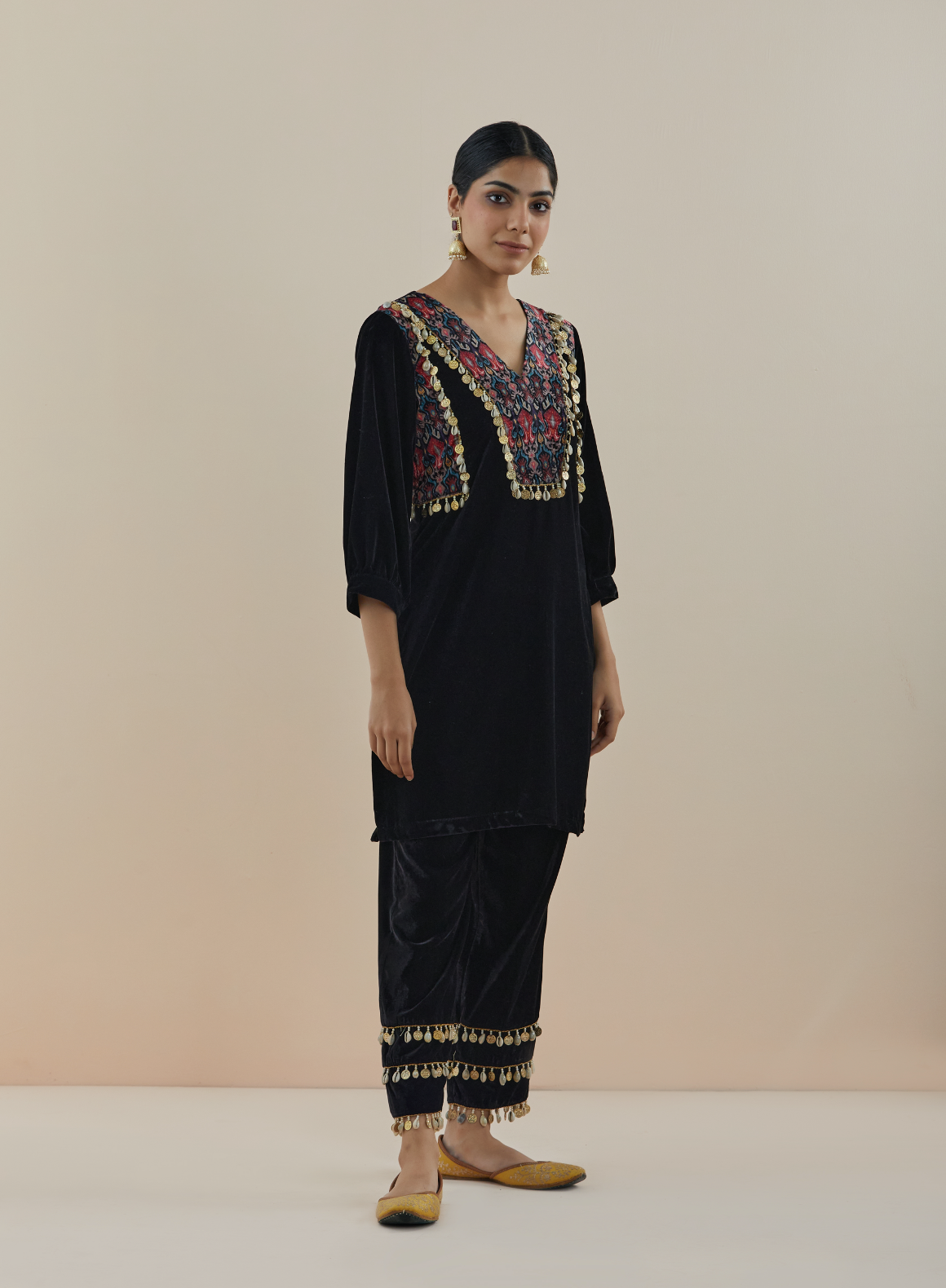 Black Aztec Printed Velvet Kurta (Set of 2)