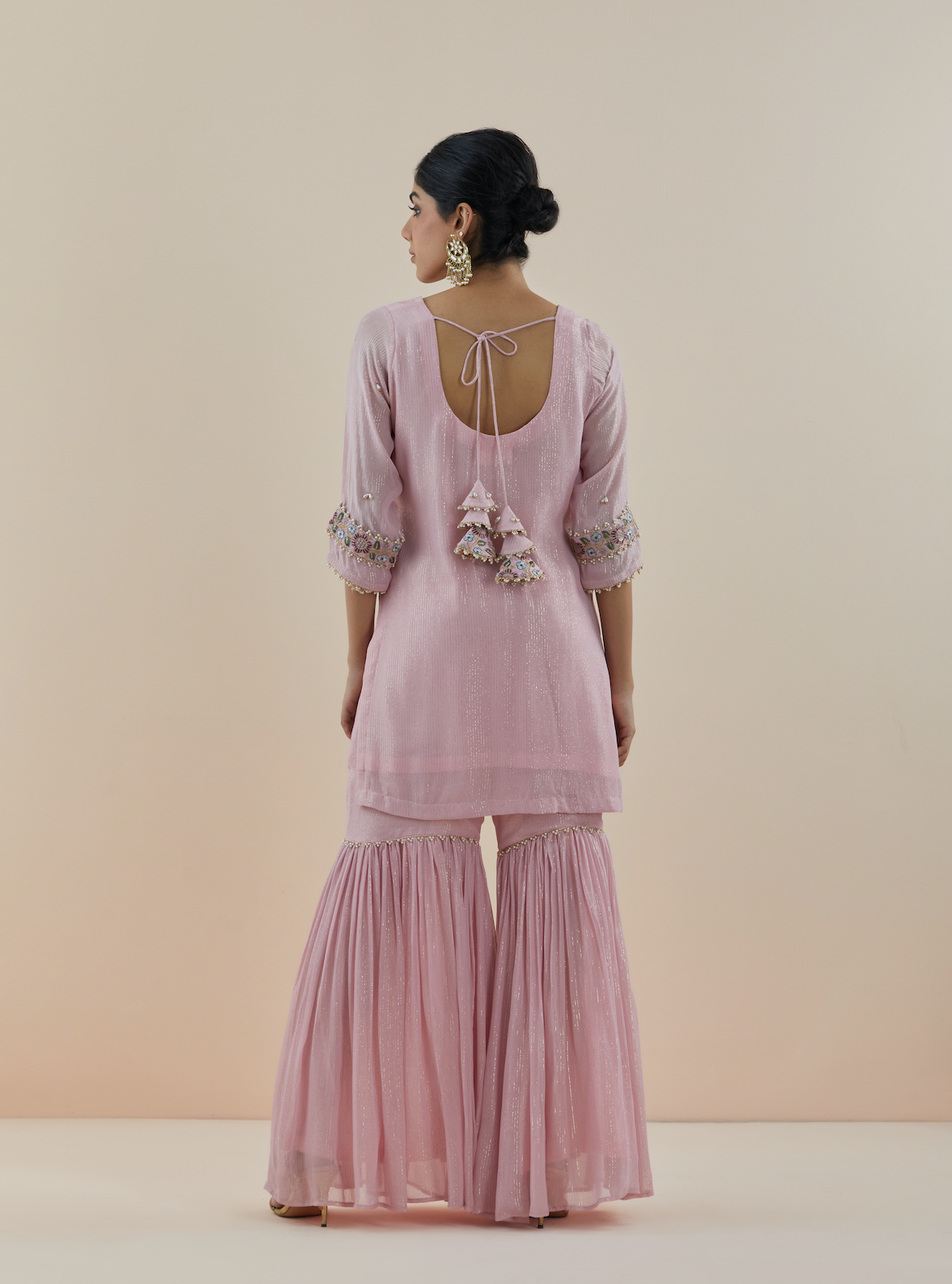 Blush Pink Embroidered Lurex Georgette Gharara (Set of 3)