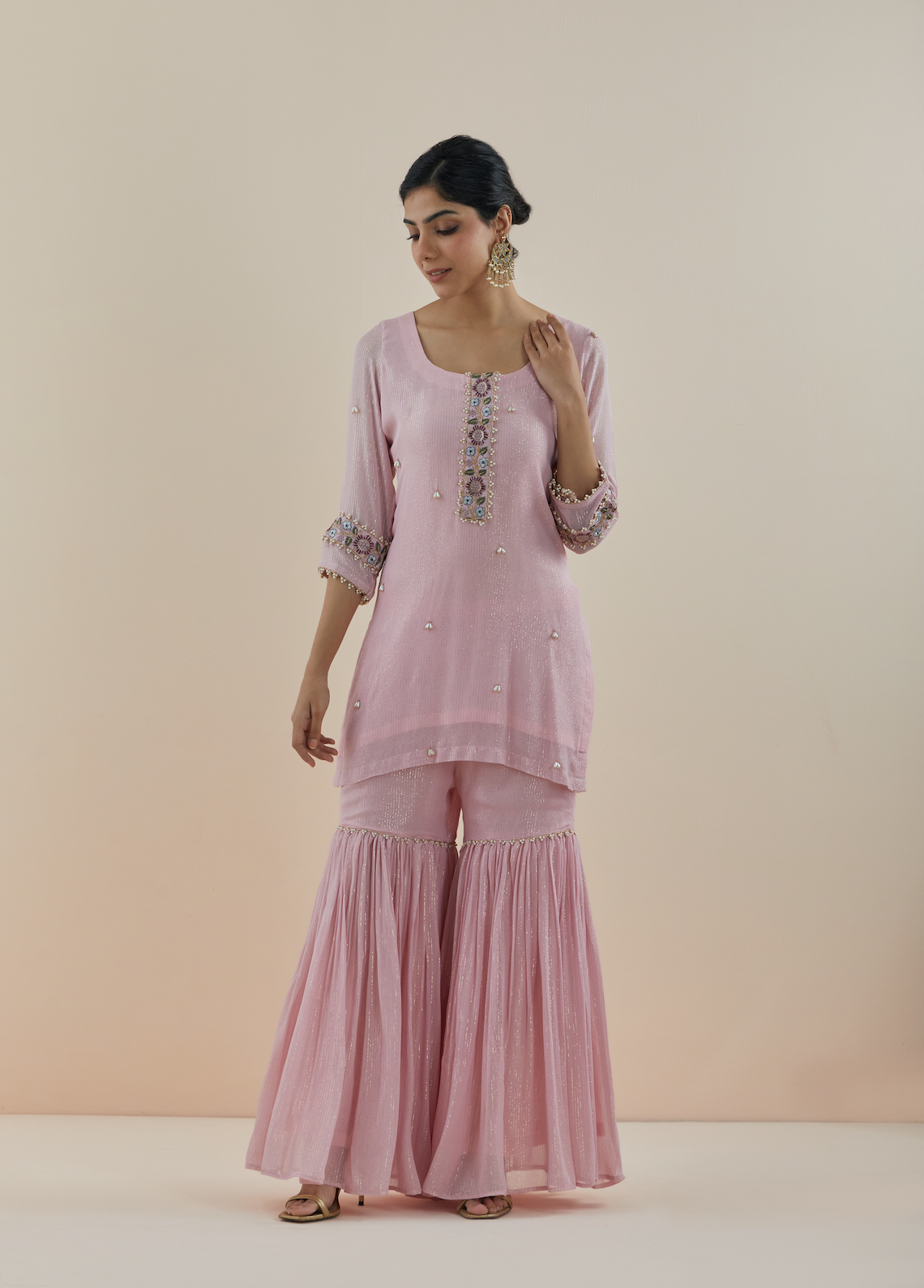 Blush Pink Embroidered Lurex Georgette Gharara (Set of 3)