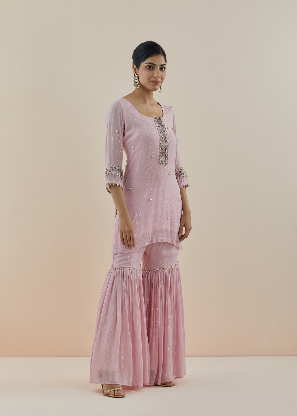 Blush Pink Embroidered Lurex Georgette Gharara (Set of 3)