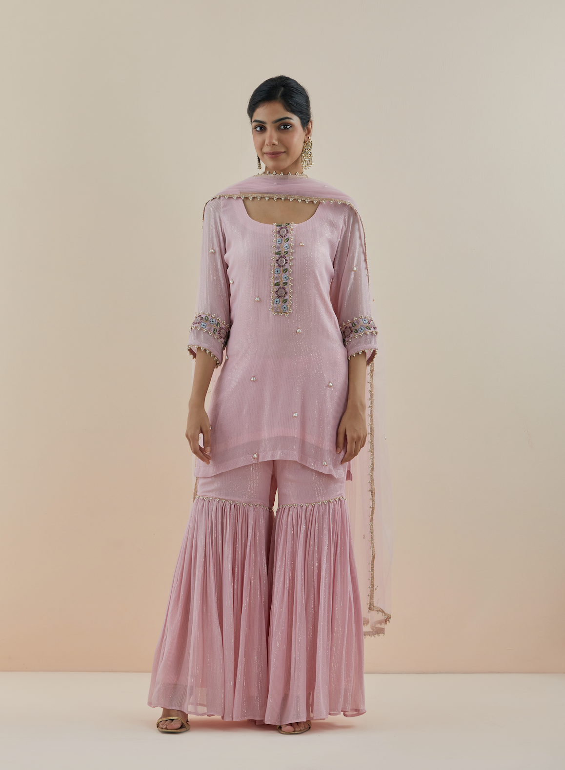 Blush Pink Embroidered Lurex Georgette Gharara (Set of 3)