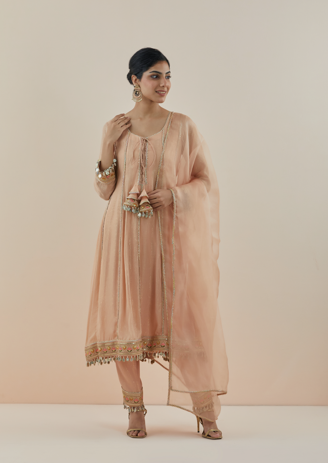 Peach Lurex Georgette Anarkali (Set of 3)