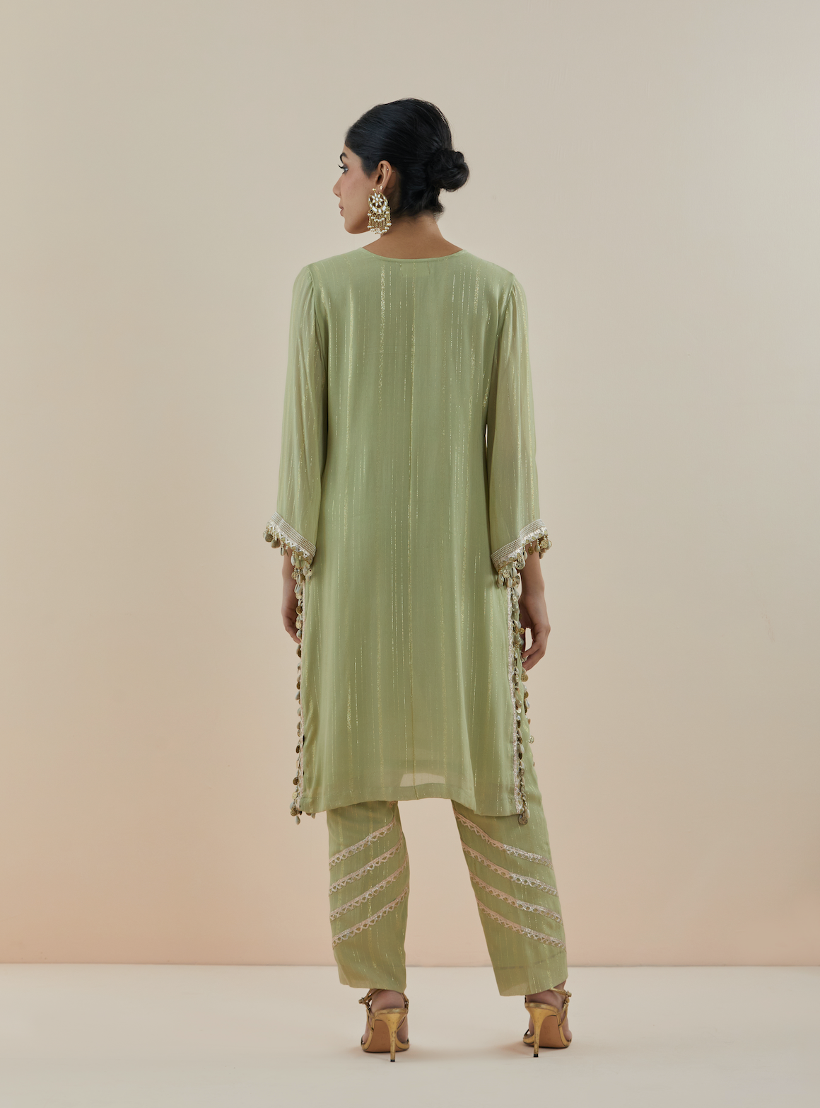 Mist Green Embroidered Lurex Georgette Kurta (Set of 3)