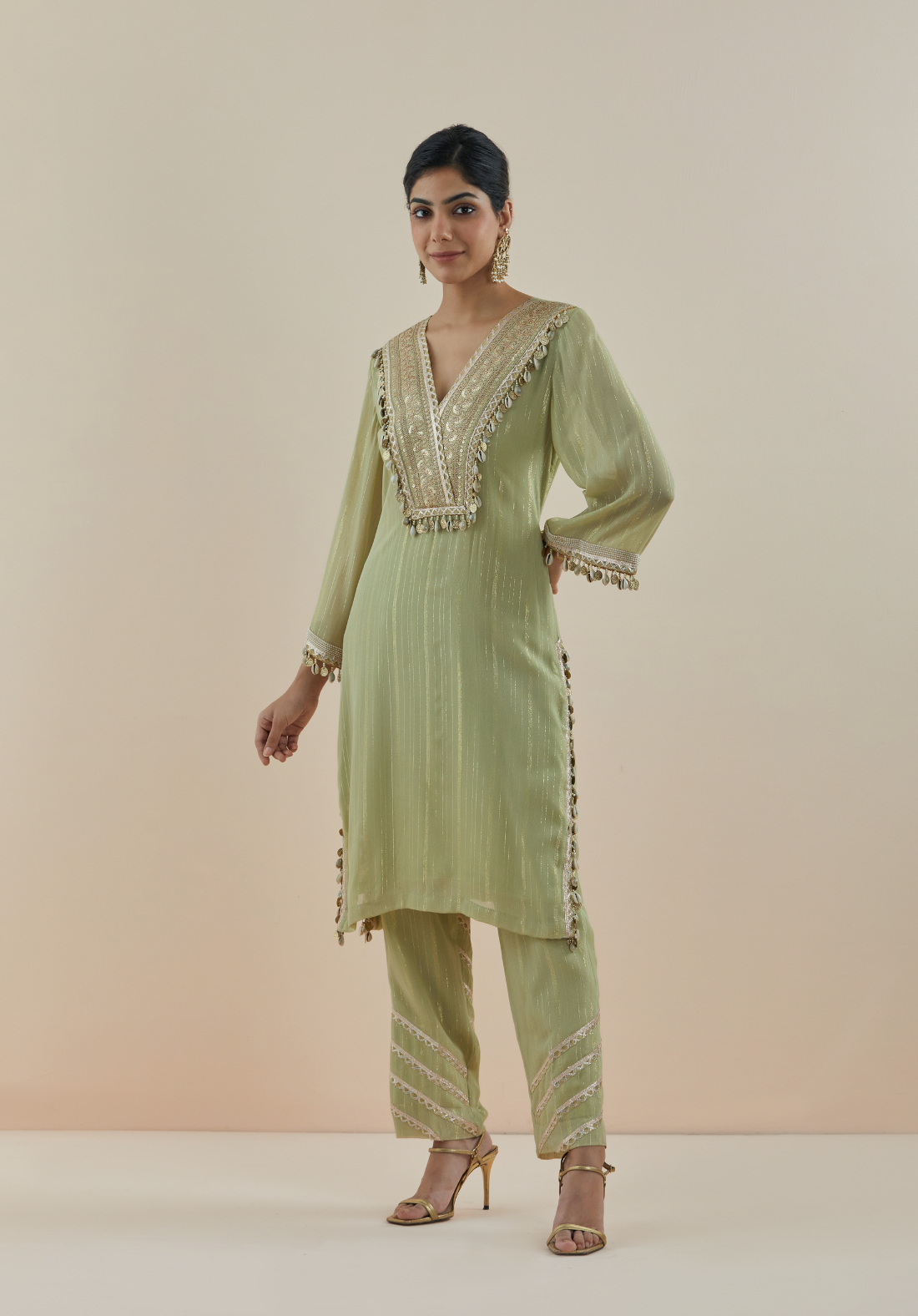 Mist Green Embroidered Lurex Georgette Kurta (Set of 3)