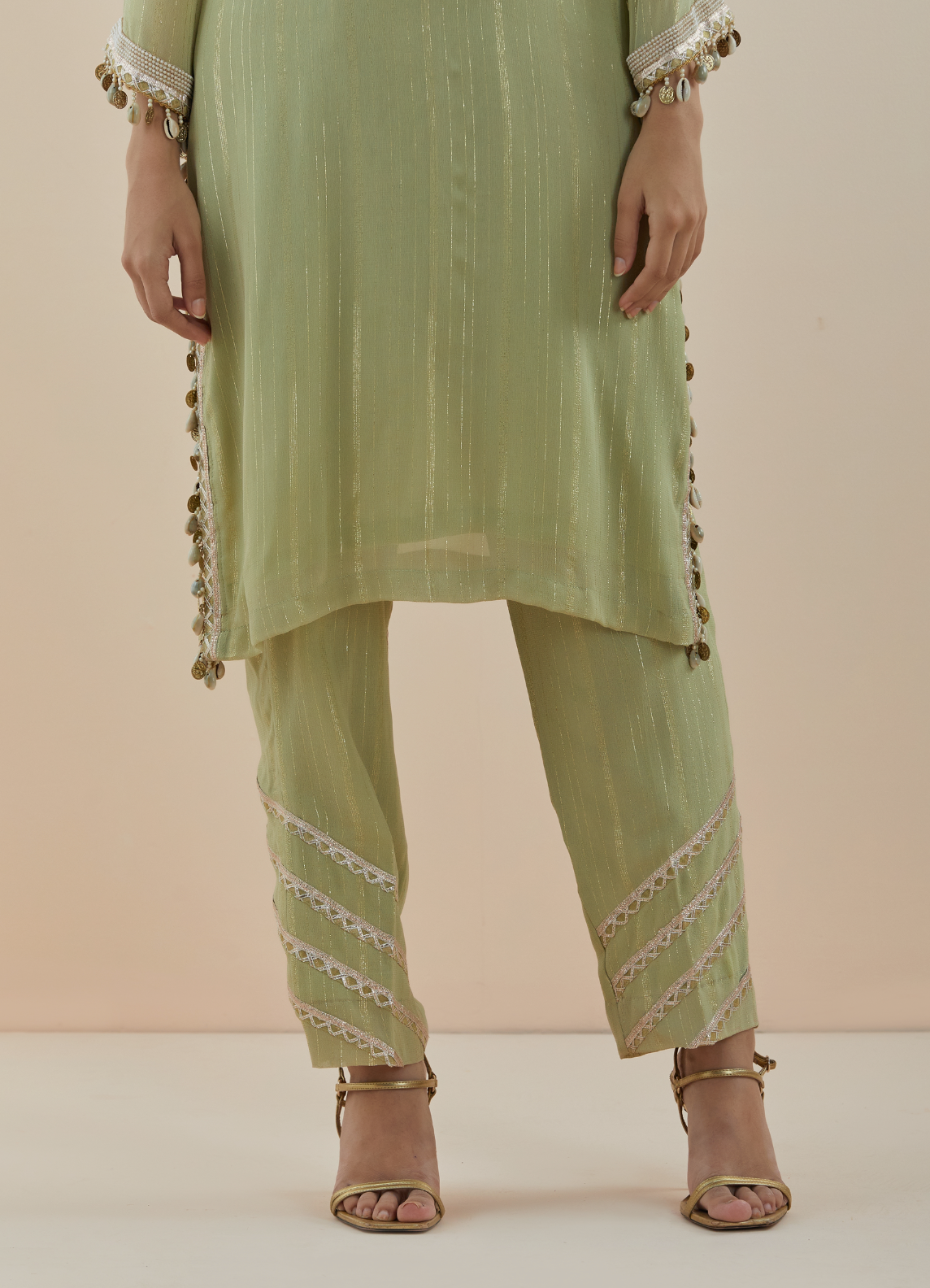 Mist Green Embroidered Lurex Georgette Kurta (Set of 3)