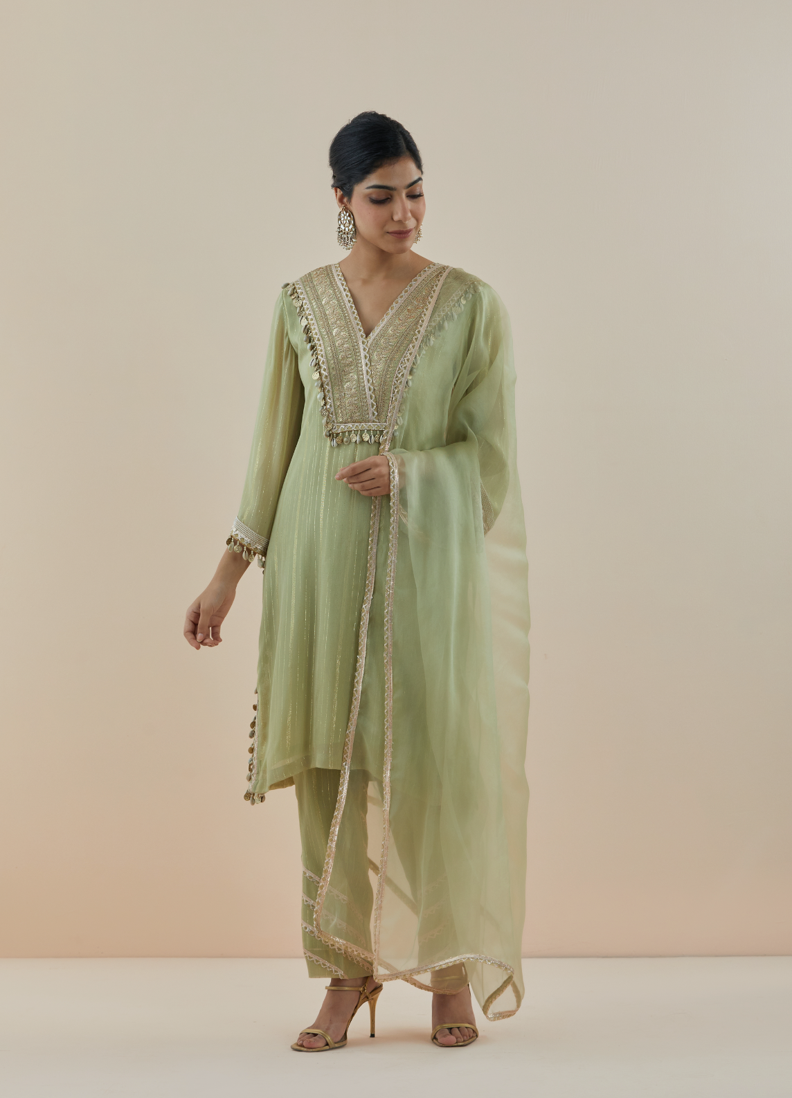 Mist Green Embroidered Lurex Georgette Kurta (Set of 3)