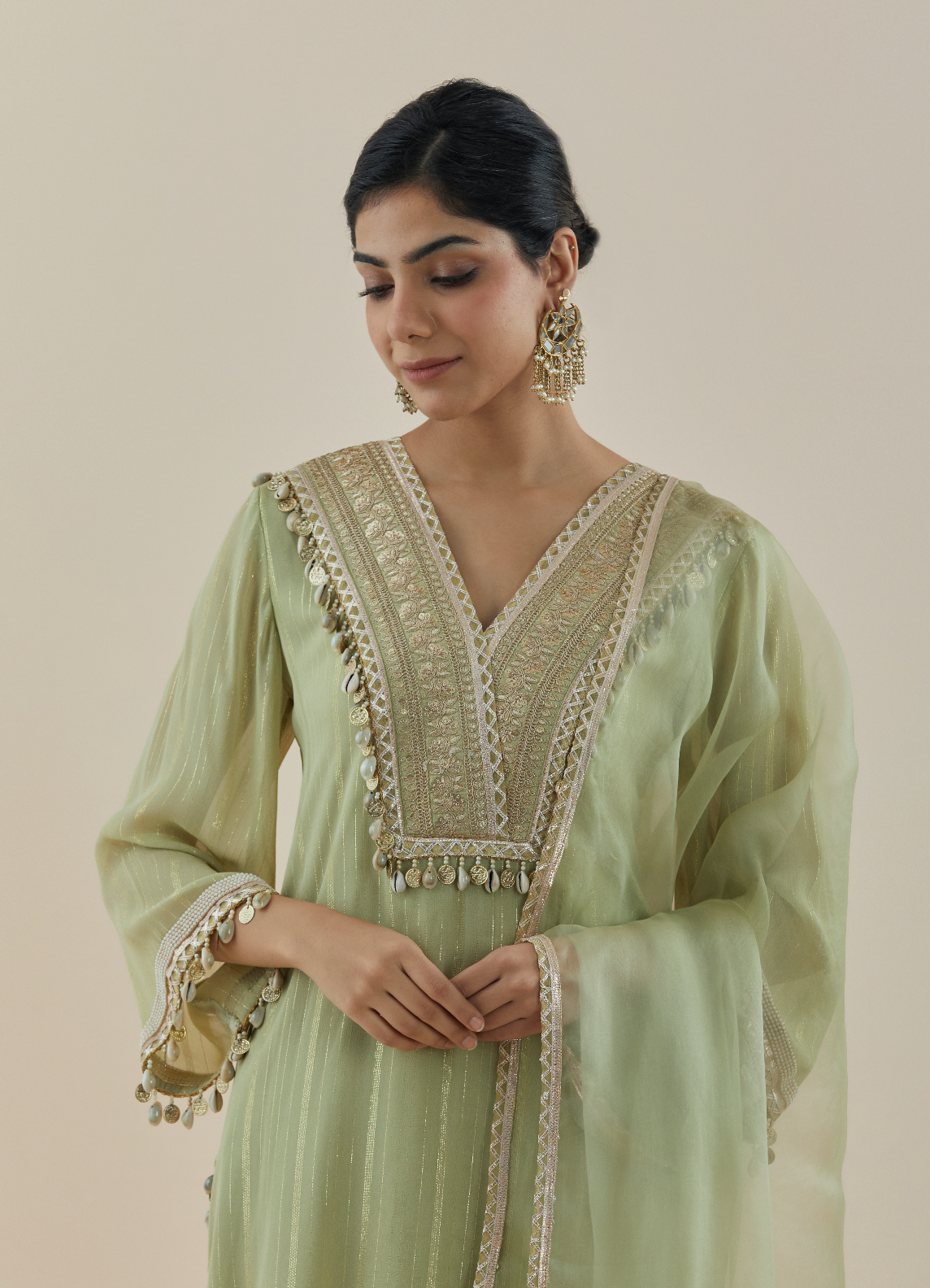 Mist Green Embroidered Lurex Georgette Kurta (Set of 3)