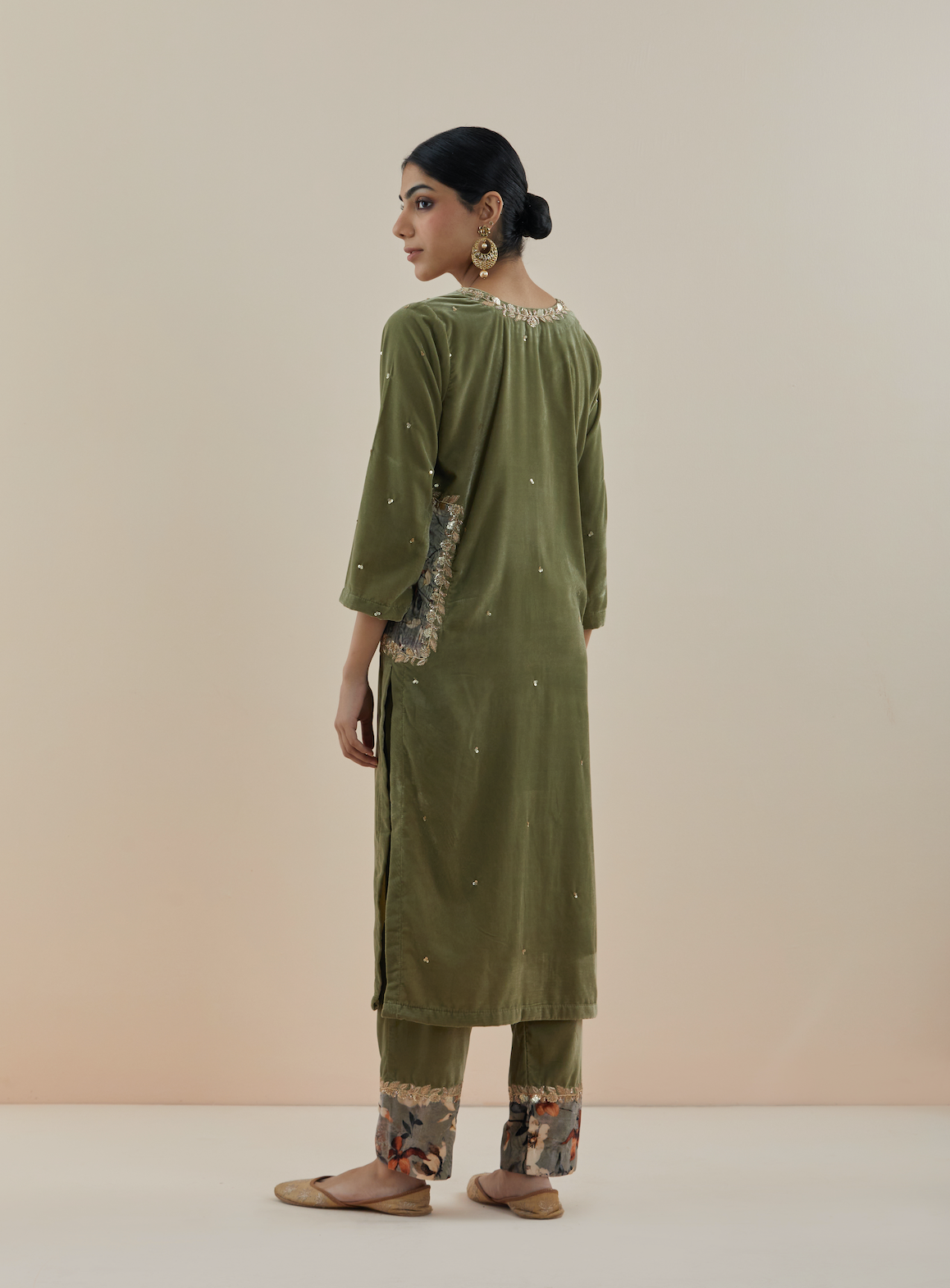 Olive Green Hand Embroidered Velvet Kurta (Set of 3)