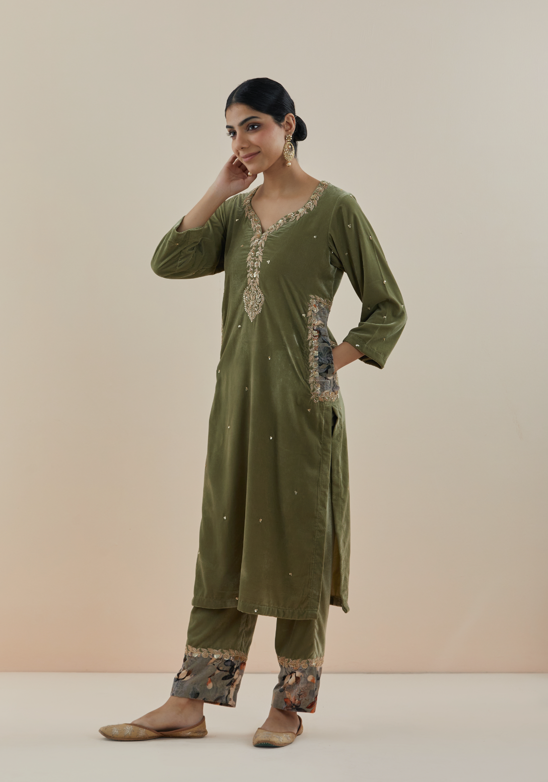 Olive Green Hand Embroidered Velvet Kurta (Set of 3)