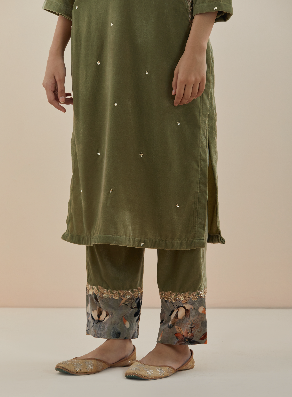 Olive Green Hand Embroidered Velvet Kurta (Set of 3)