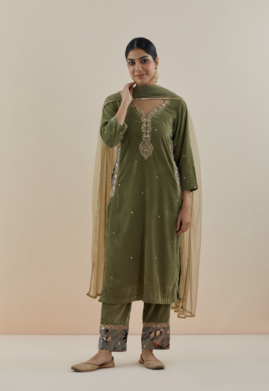 Olive Green Hand Embroidered Velvet Kurta (Set of 3)