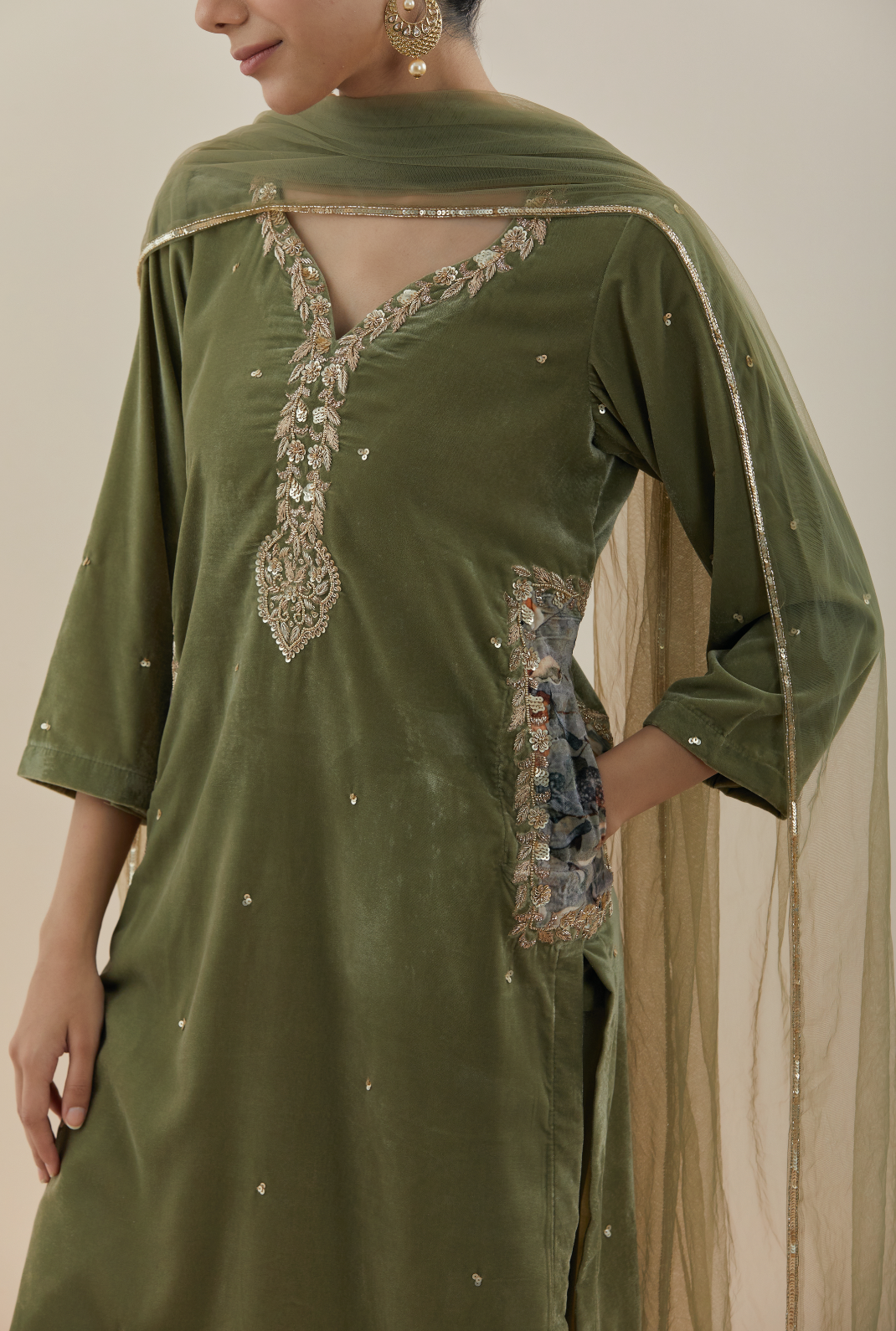 Olive Green Hand Embroidered Velvet Kurta (Set of 3)