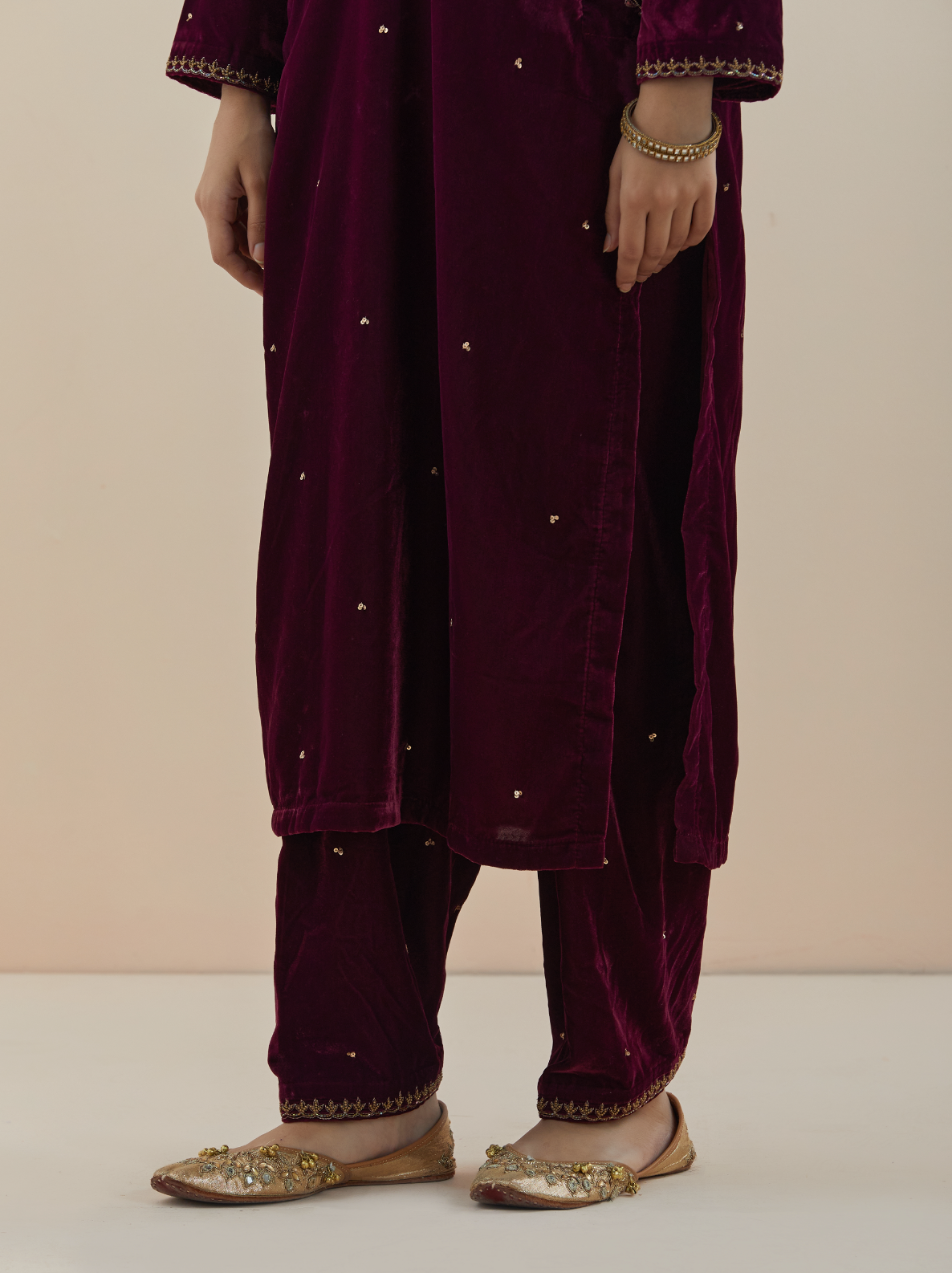 Royal Maroon Hand Embroidered Velvet Kurta (Set of 2)