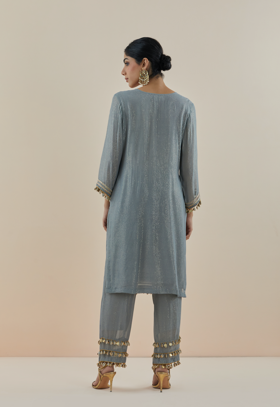 Smoke Blue Embroidered Lurex Georgette Kurta (Set of 2)