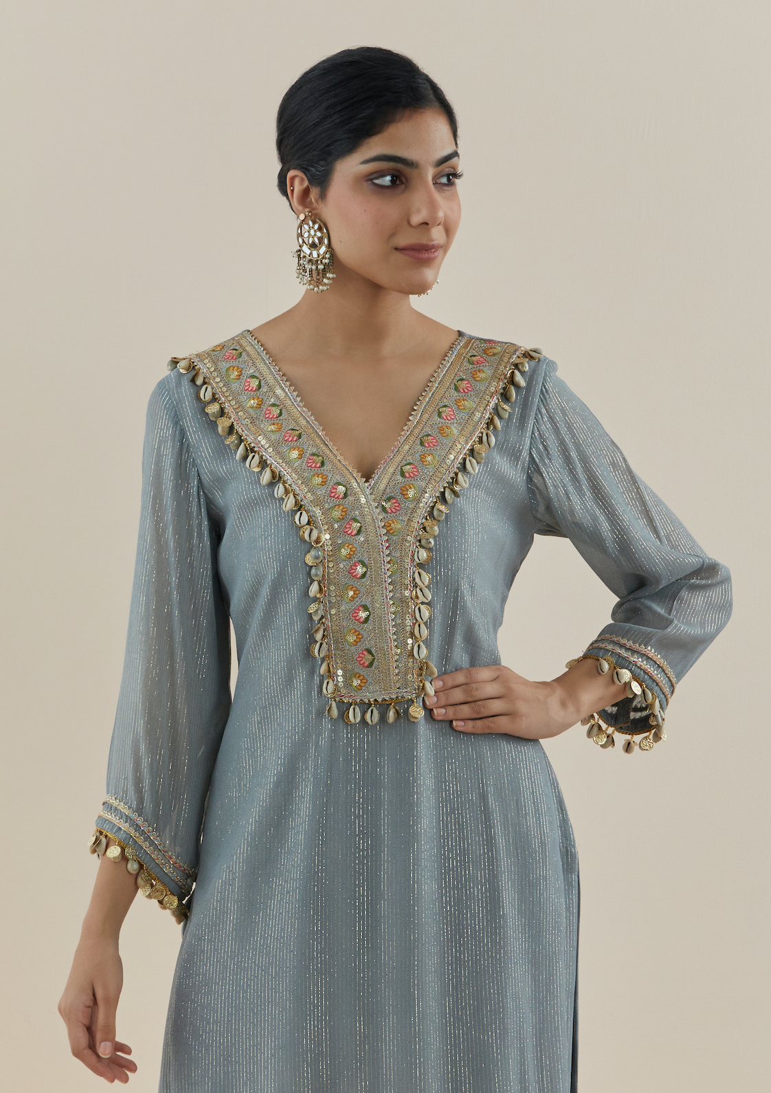 Smoke Blue Embroidered Lurex Georgette Kurta (Set of 2)