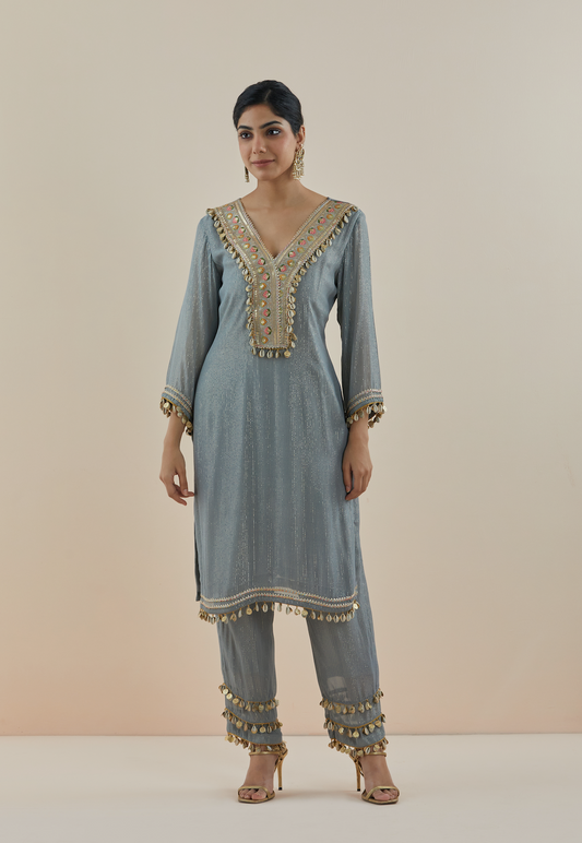 Smoke Blue Embroidered Lurex Georgette Kurta (Set of 2)