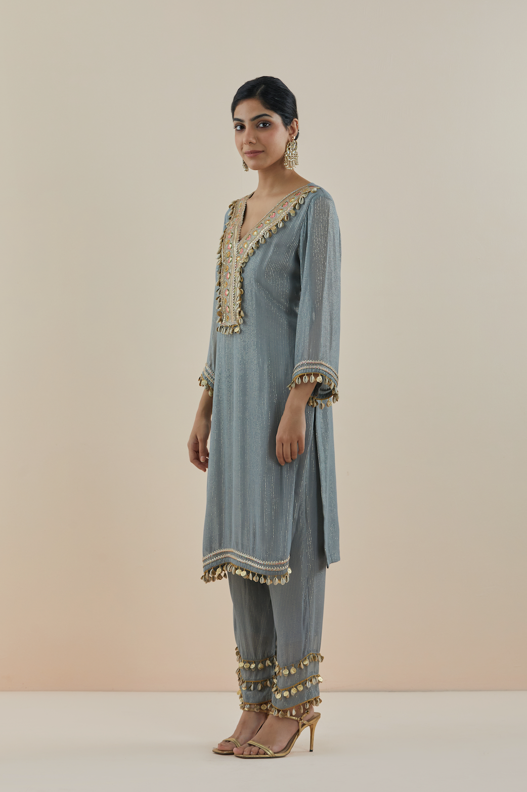 Smoke Blue Embroidered Lurex Georgette Kurta (Set of 2)