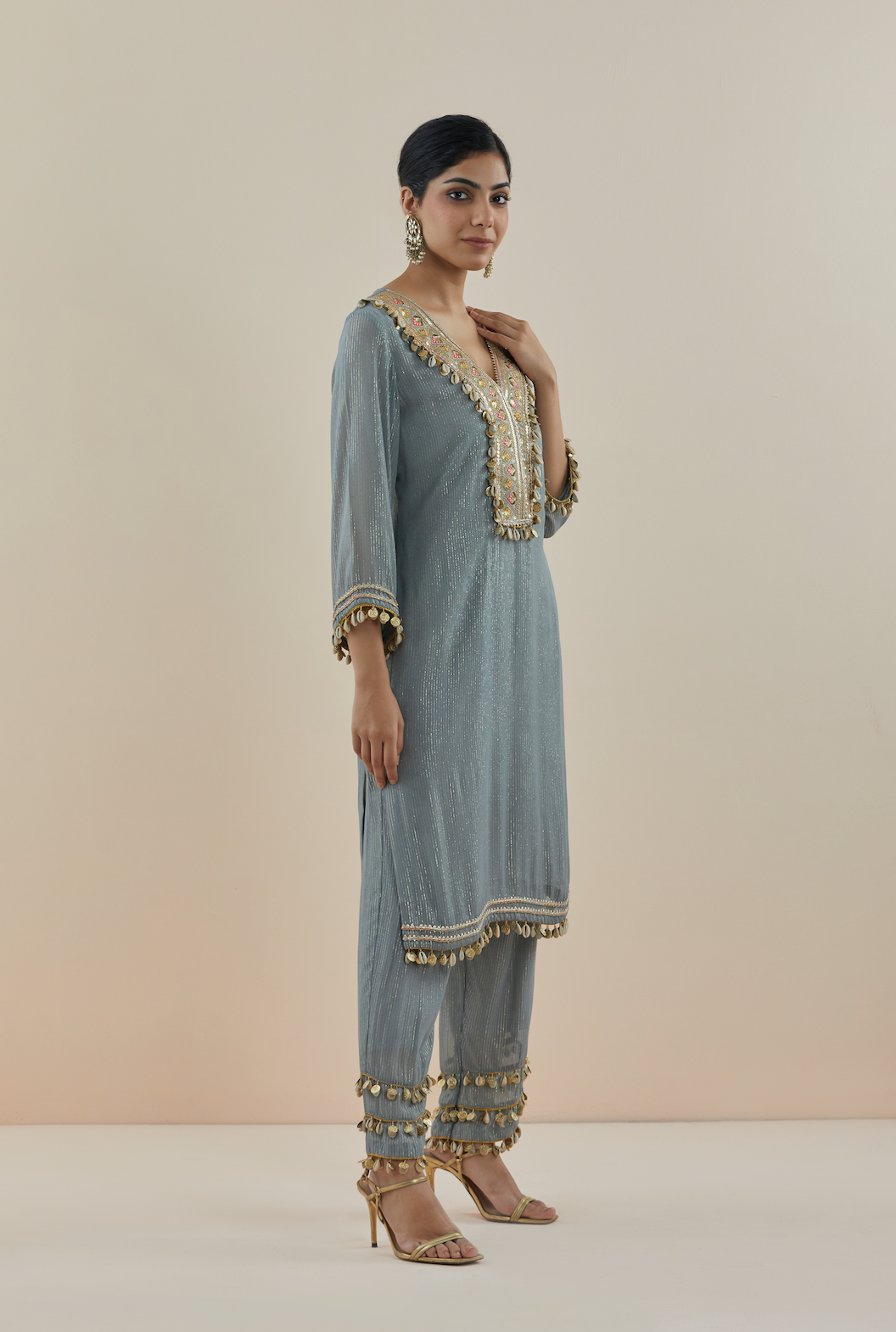 Smoke Blue Embroidered Lurex Georgette Kurta (Set of 2)