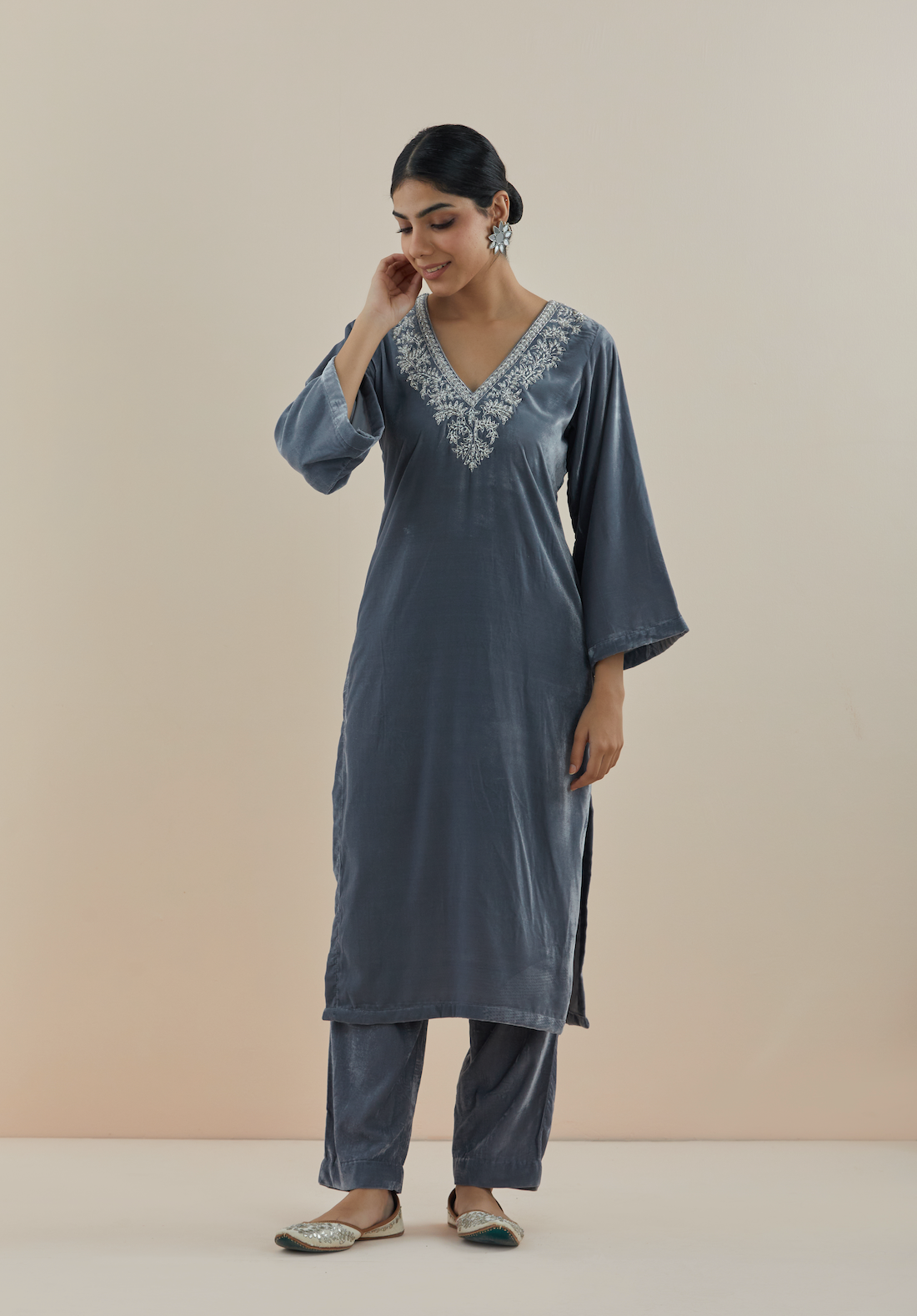 Smoke Grey Pearl Hand Embroidered Velvet Kurta