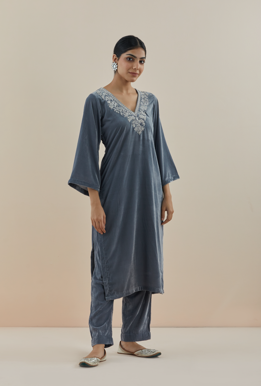 Smoke Grey Pearl Hand Embroidered Velvet Kurta