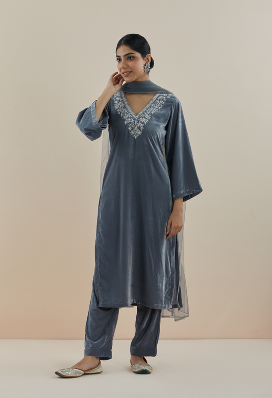 Smoke Grey Pearl Hand Embroidered Velvet Kurta