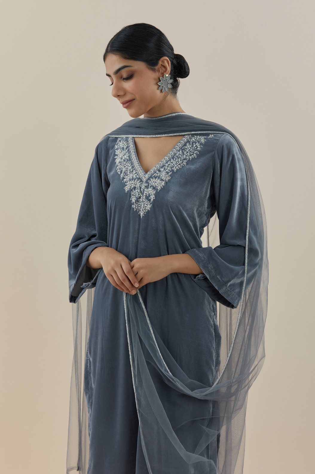 Smoke Grey Pearl Hand Embroidered Velvet Kurta