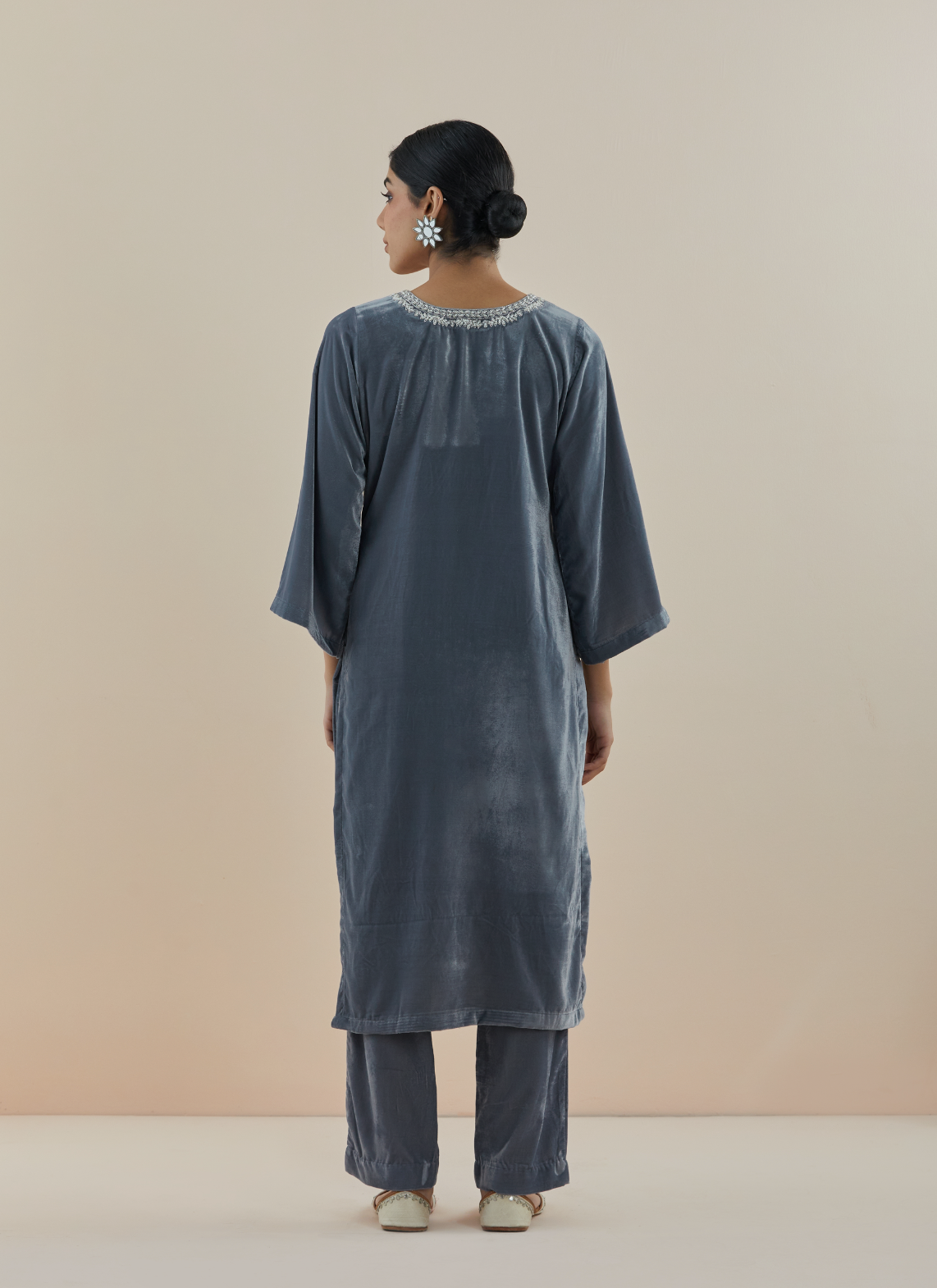 Smoke Grey Pearl Hand Embroidered Velvet Kurta