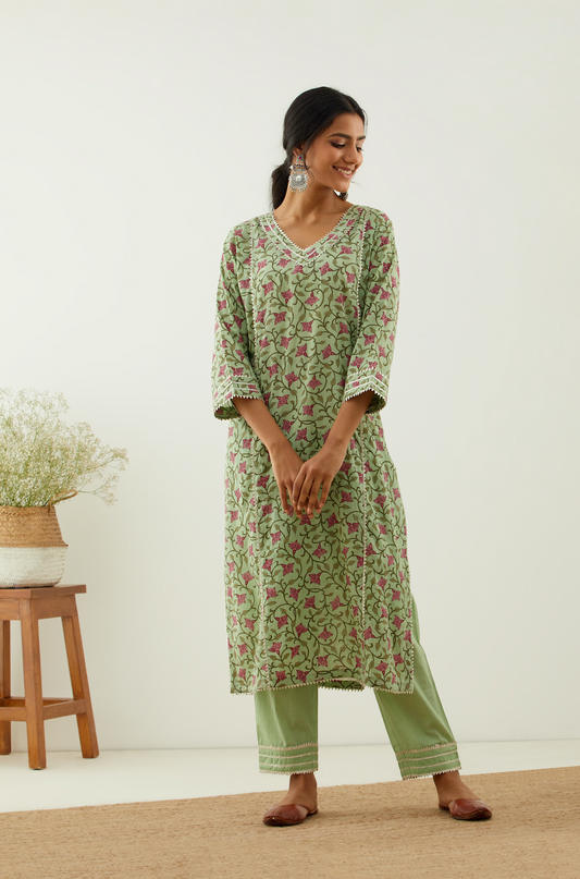 Saanjh Handblock Printed Green Floral Kurta