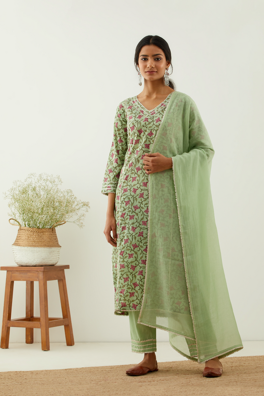 Saanjh Handblock Printed Green Floral Kurta Set